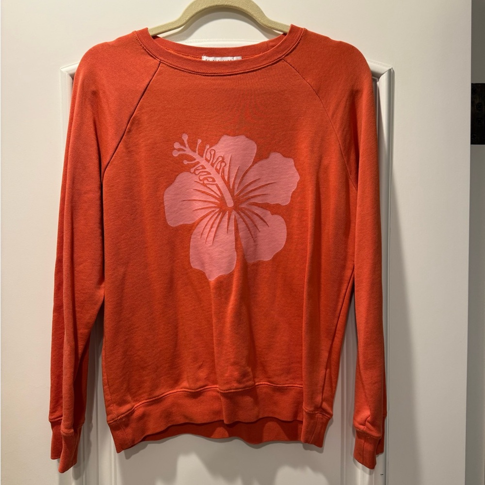 South Parade Orange Sweatshirt with Hawaiian Pink Floral Hibicus